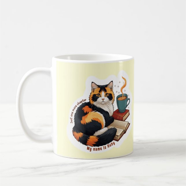 Cosy Calico Cat Personalised Reading Coffee Mug (Left)