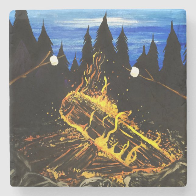 Cosy Campfire Sunset Forest Outdoor Adventure Stone Coaster (Front)