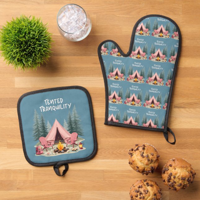 Cosy Camping Aesthetic Glamping Tent & Campfire Oven Mitt & Pot Holder Set (Top Down)