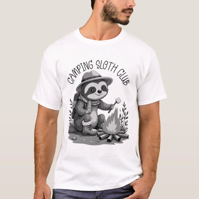 Cosy Camping Sloth Roasting Marshmallow Adventure T-Shirt (Front)