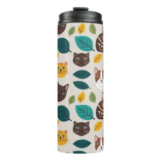 Cosy Cat & Autumn Leaves Seamless Pattern - Whimsi Thermal Tumbler
