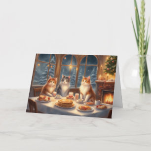 Cosy Cat Christmas breakfast table greeting Card