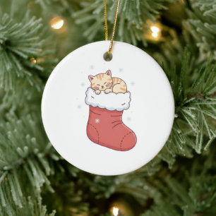 Cosy Cat in Christmas Stocking - Sleeping Kitten  Ceramic Tree Decoration