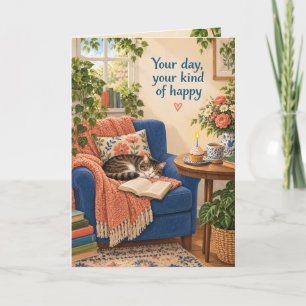 Cosy Cat Reading Nook Birthday Card