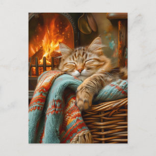 Cosy Cat Sleeping in Basket by Warm Fireplace Postcard