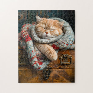 Cosy Cat Sleeping on a wooden box Jigsaw Puzzle