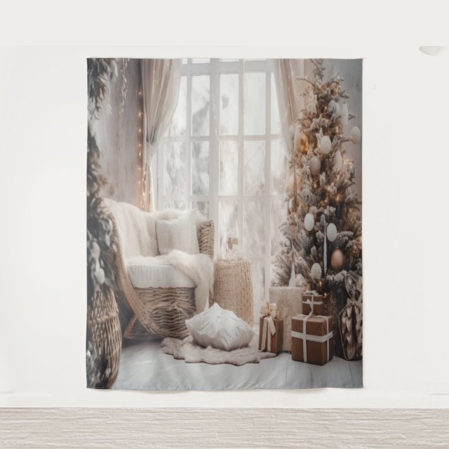 Cosy Chair, Snowy Window & Elegant Tree Backdrop Tapestry (Front)