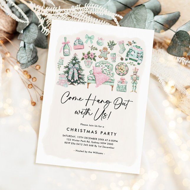 Cosy Chinoiserie Sage Green Pink Christmas Party Invitation (Creator Uploaded)