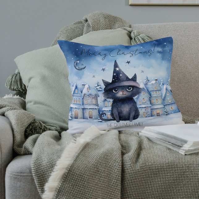 Cosy Christmas Black Cat Winter Holiday Decor Cushion (Black Wizard Cat Christmas Throw Pillow - Magical Throw Pillow with Unique Watercolor Design)