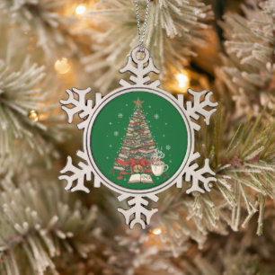 Cosy Christmas Book Tree for Readers & Bookworms Snowflake Pewter Christmas Ornament