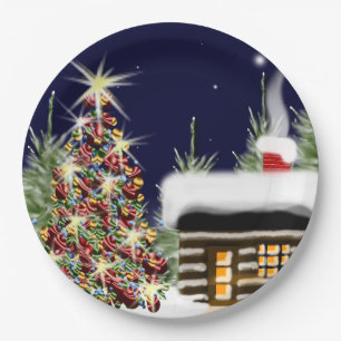 Cosy Christmas Cabin Holiday Scene Xmas Design Paper Plate