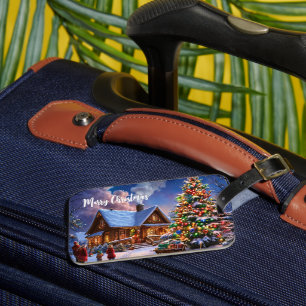 Cosy Christmas Cabin in Snowy Forest – Rustic Luggage Tag