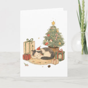 Cosy Christmas Cat with Gifts and Christmas Tree Card
