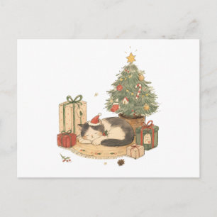 Cosy Christmas Cat with Gifts and Christmas Tree Postcard