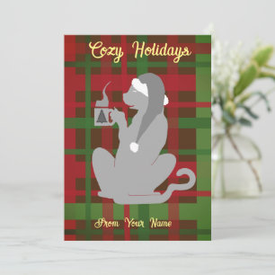 Cosy Christmas Cat with Mug, grey, personalise it Invitation