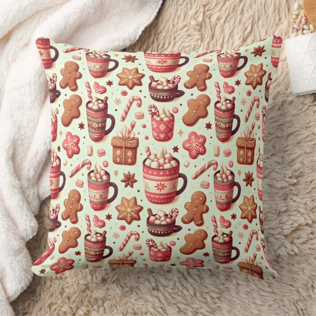 Cosy Christmas Cocoa and Gingerbread Pattern Cushion (Blanket)