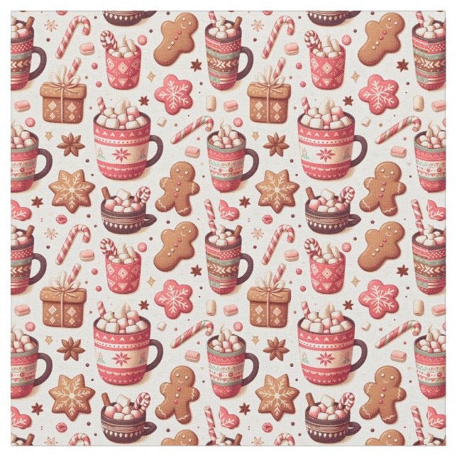 Cosy Christmas Cocoa and Gingerbread Pattern Fabric (Close Up)