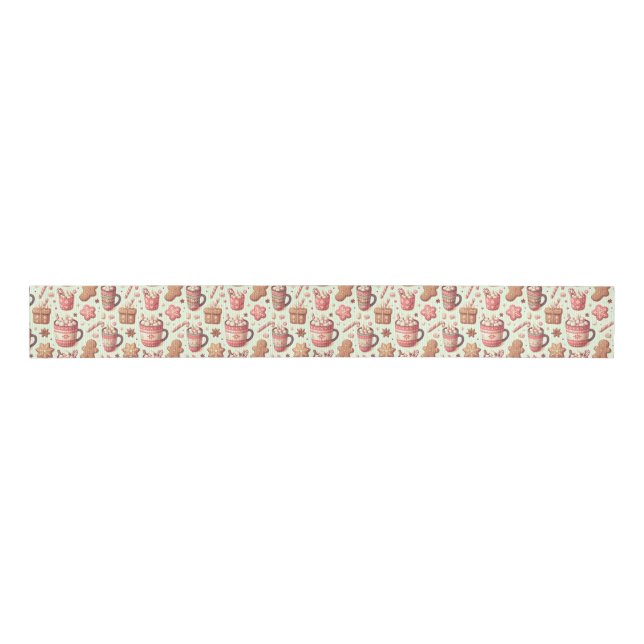 Cosy Christmas Cocoa and Gingerbread Pattern Grosgrain Ribbon (Front)