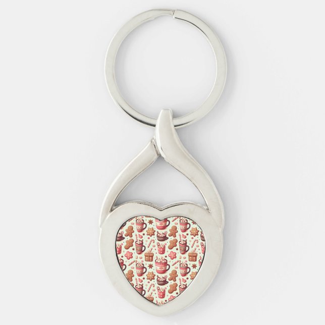 Cosy Christmas Cocoa and Gingerbread Pattern Key Ring (Front)