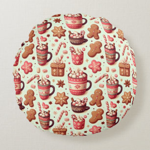 Cosy Christmas Cocoa and Gingerbread Pattern Round Cushion