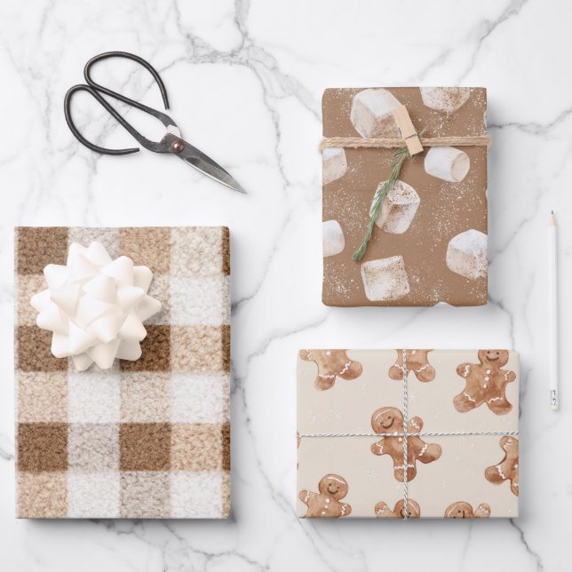 Cosy Christmas Cocoa Plaid Marshmallow Gingerbread Wrapping Paper Sheet (Front)