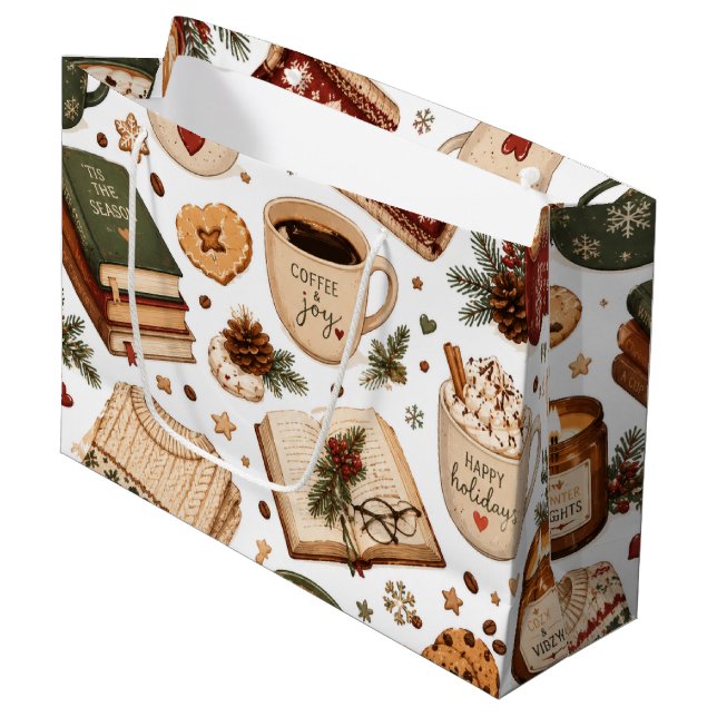 Cosy Christmas Coffee Winter Pattern  Large Gift Bag (Front Angled)