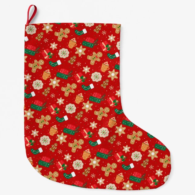 Cosy Christmas Cookies & Hot Cocoa Holiday Pattern Large Christmas Stocking (Front)