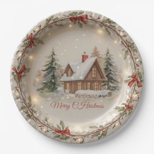 Cosy Christmas Cottage Paper Plate