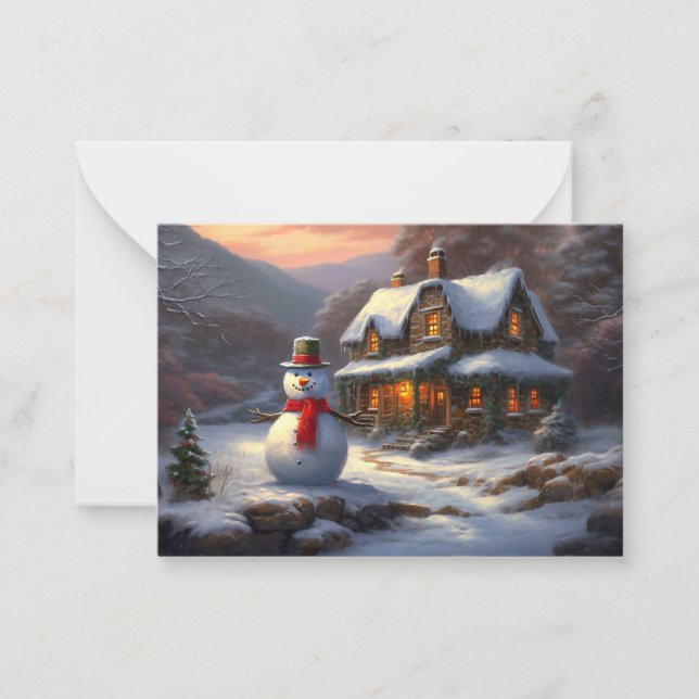 Cosy Christmas Cottage & Snowman | Vintage Winter  Card (Front)