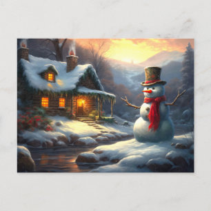 Cosy Christmas Cottage & Snowman   Vintage Winter Invitation Postcard