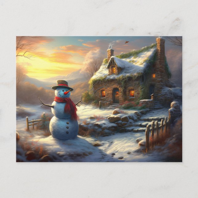 Cosy Christmas Cottage & Snowman | Vintage Winter  Invitation Postcard (Front)