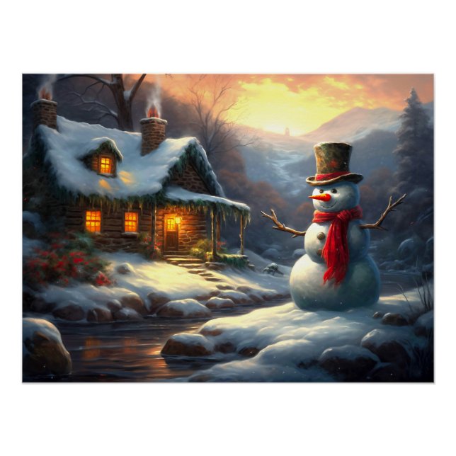 Cosy Christmas Cottage & Snowman | Vintage Winter Poster (Front)