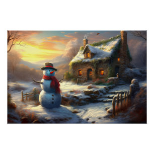 Cosy Christmas Cottage & Snowman Vintage Winter Poster