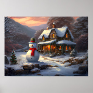 Cosy Christmas Cottage & Snowman Vintage Winter Poster
