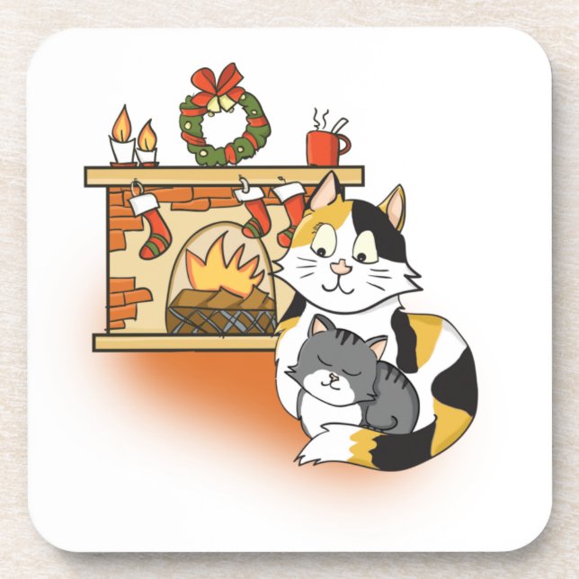 Cosy Christmas Fireplace Mum Cat with Kitten Coaster (Front)