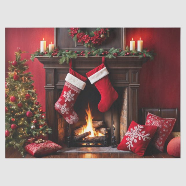 Cosy Christmas Fireplace with Stockings Decoupage  Tissue Paper (Front)