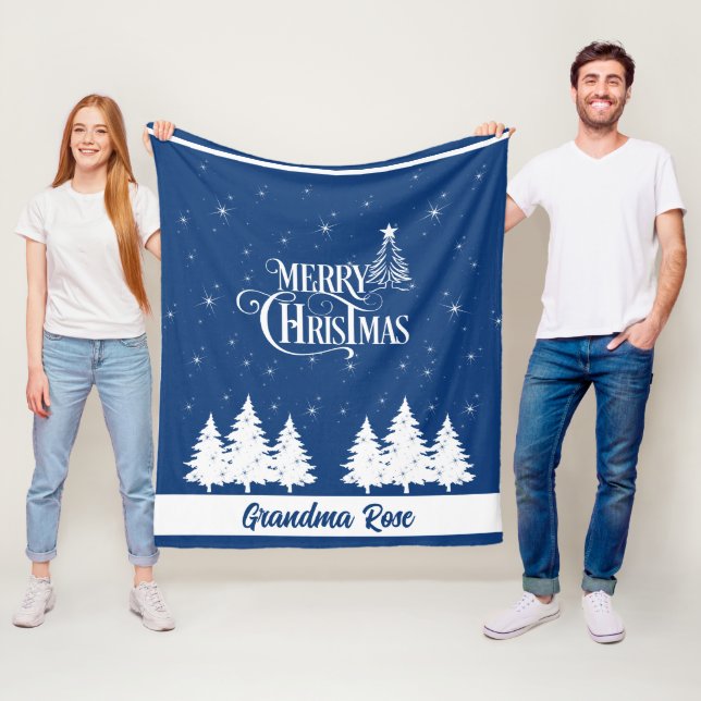 Cosy Christmas Grandma Blue White Fleece Blanket (In Situ)