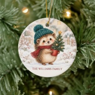 Cosy Christmas Hedgehog Personalised Family Ceramic Tree Decoration