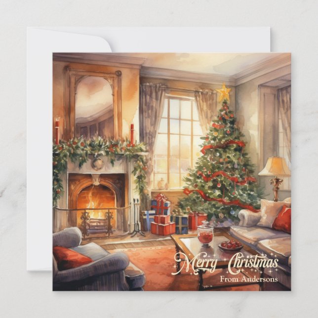 Cosy Christmas interior with fireplace and Tree Holiday Card (Front)
