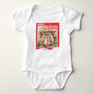 Cosy Christmas mantel with dog and cat Baby Bodysuit