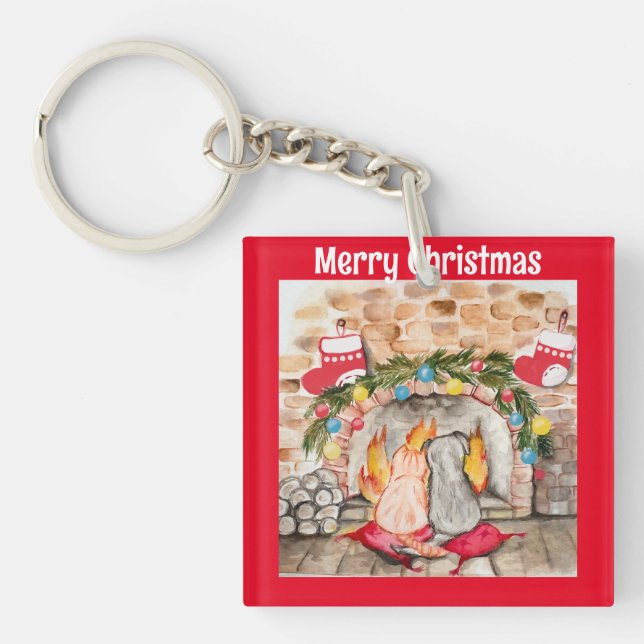Cosy Christmas mantel with dog and cat Key Ring (Front)