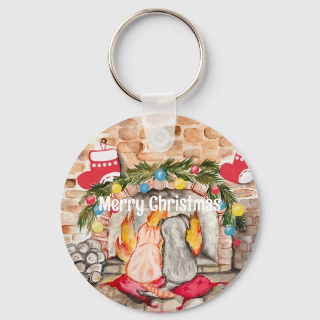 Cosy Christmas mantel with dog and cat Key Ring (Front)