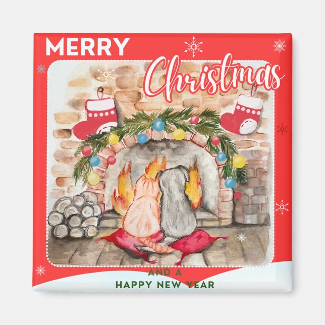 Cosy Christmas mantel with dog and cat Magnet (Front)