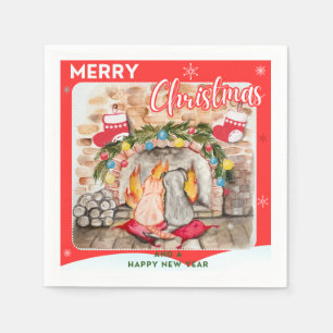 Cosy Christmas mantel with dog and cat Napkin