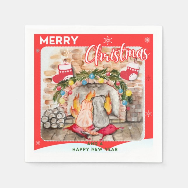 Cosy Christmas mantel with dog and cat Napkin (Front)
