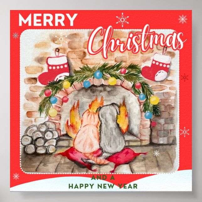 Cosy Christmas mantel with dog and cat Poster (Front)
