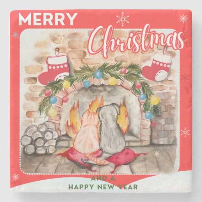 Cosy Christmas mantel with dog and cat Stone Coaster (Front)