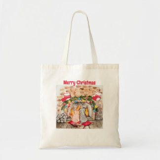 Cosy Christmas mantel with dog and cat Tote Bag