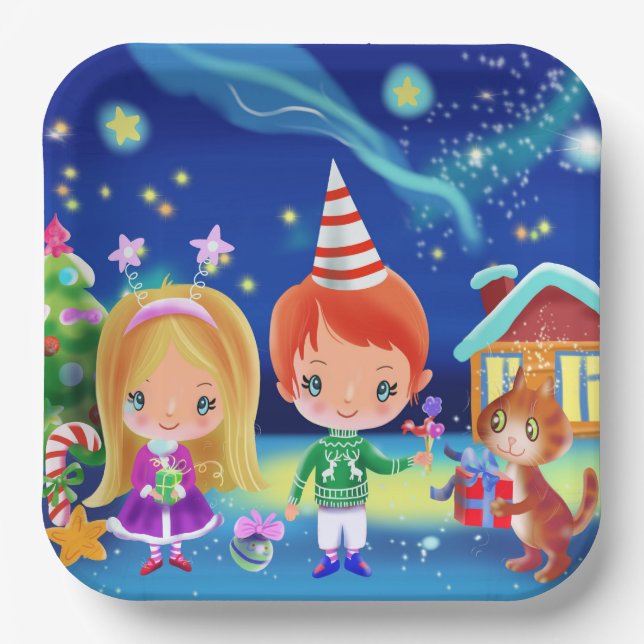 Cosy Christmas  new year . Girl boy and cat Paper Plate (Front)
