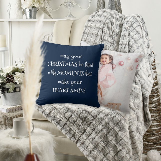 Cosy Christmas Quote Photo Navy Blue Cushion (Front and back view)